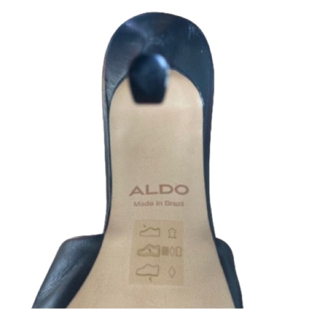Aldo High Heel Black Leather Square Toe Sandals /Mules w/ Gold Chain Size 6.5 - Picture 9 of 12